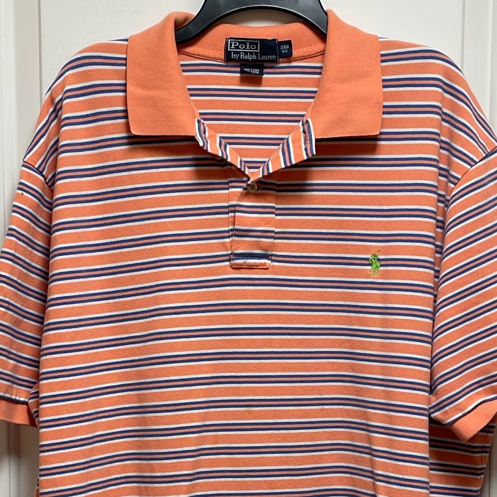 Ralph Lauren Sz XXL Big and Tall Vibrant Light Orange & Blue Striped Polo Shirt